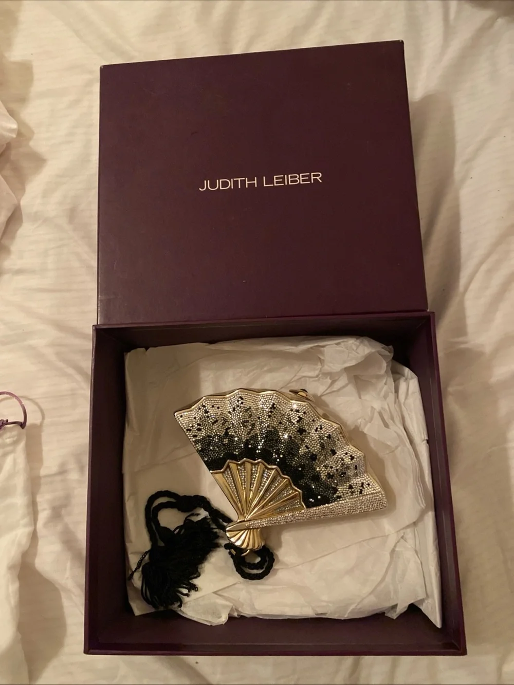 Vintage Judith Leiber Black, Gold & Silver Fan Minaudière
